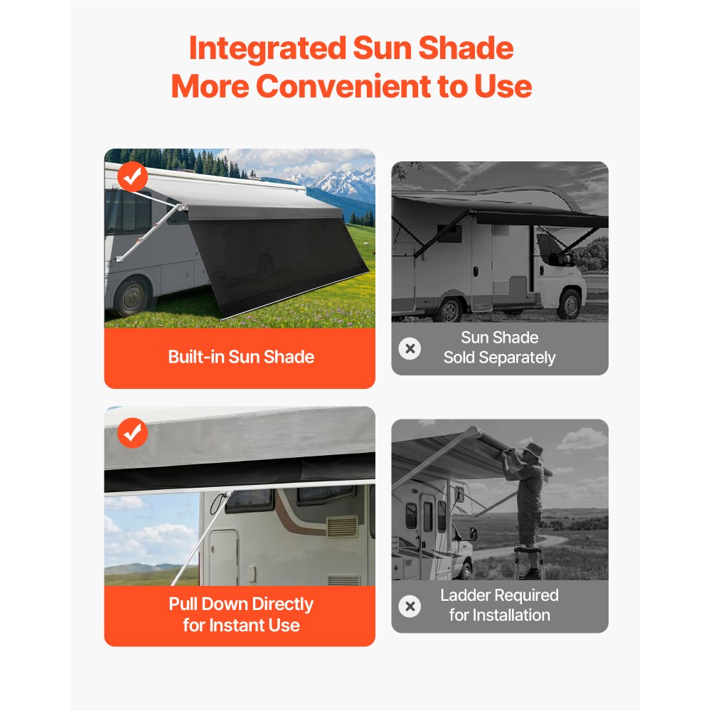 VEVOR Manual RV Awning Complete Kit & Sunshade Screen, 18.12FT Retractable RV Awning with Aluminum Alloy Frame & Waterproof Fabric, Outdoor Camping Trailer Awnings Fit Most RVs (18FT Type)