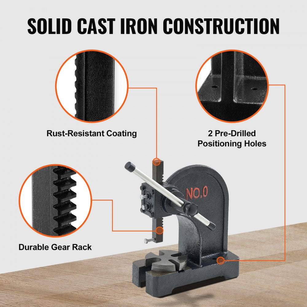 VEVOR Arbor Press, 0.5 Ton Manual Arbor Press, 4.6" Maximum Height, Cast Iron Heavy-duty Manual Desktop Arbor Press, Precision Hand Press for Stamping, Bending, Stretching, Forming