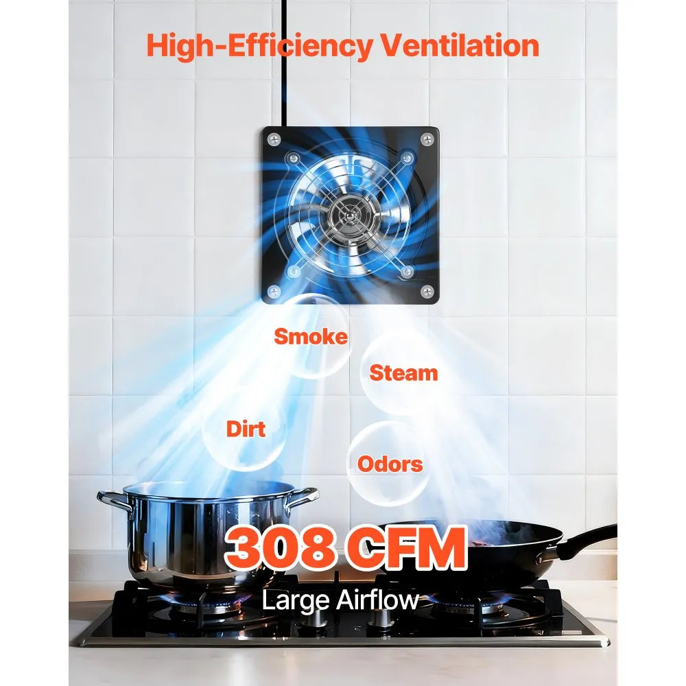 VEVOR 6 Inch Exhaust Fan, 308 CFM High Velocity Wall Mount Vent Fan with On/Off Control, Low Consumption, Portable Ventilation Extractor for Attic,Garage,Basement,Workshop,Kitchen, Chicken Coop,Black