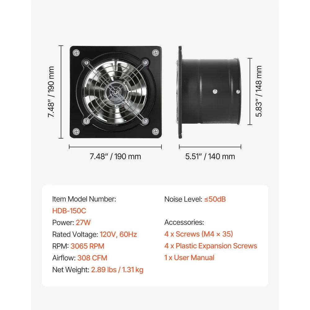 VEVOR 6 Inch Exhaust Fan, 308 CFM High Velocity Wall Mount Vent Fan with On/Off Control, Low Consumption, Portable Ventilation Extractor for Attic,Garage,Basement,Workshop,Kitchen, Chicken Coop,Black