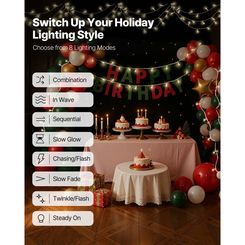 VEVOR LED Christmas String Lights, 200 LED, 76 ft Connectable Warm White Christmas Lights Outdoor, with 8 Modes, Auto Timer, Twinkle Fairy Lighting Plug in, Waterproof for Tree Yard Patio Decoration