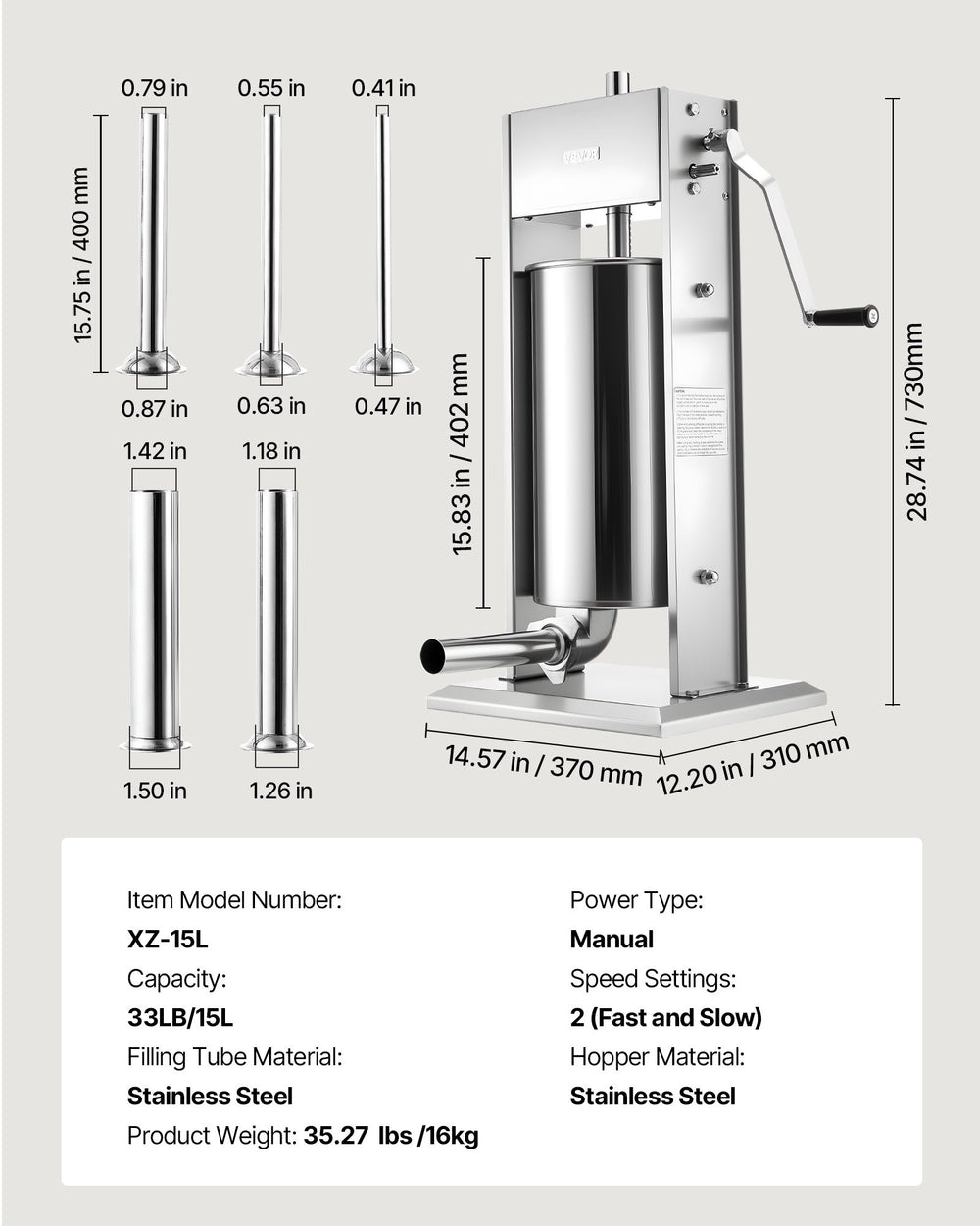 VEVOR Manual Sausage Stuffer, 33 LBS / 15 L Vertical Meat Stuffer, Heavy Duty Sausage Casing Meat Stuffing Machine, Dual-Speed Stainless Steel Filler with 5 Filling Tubes, for Commercial and Home Use