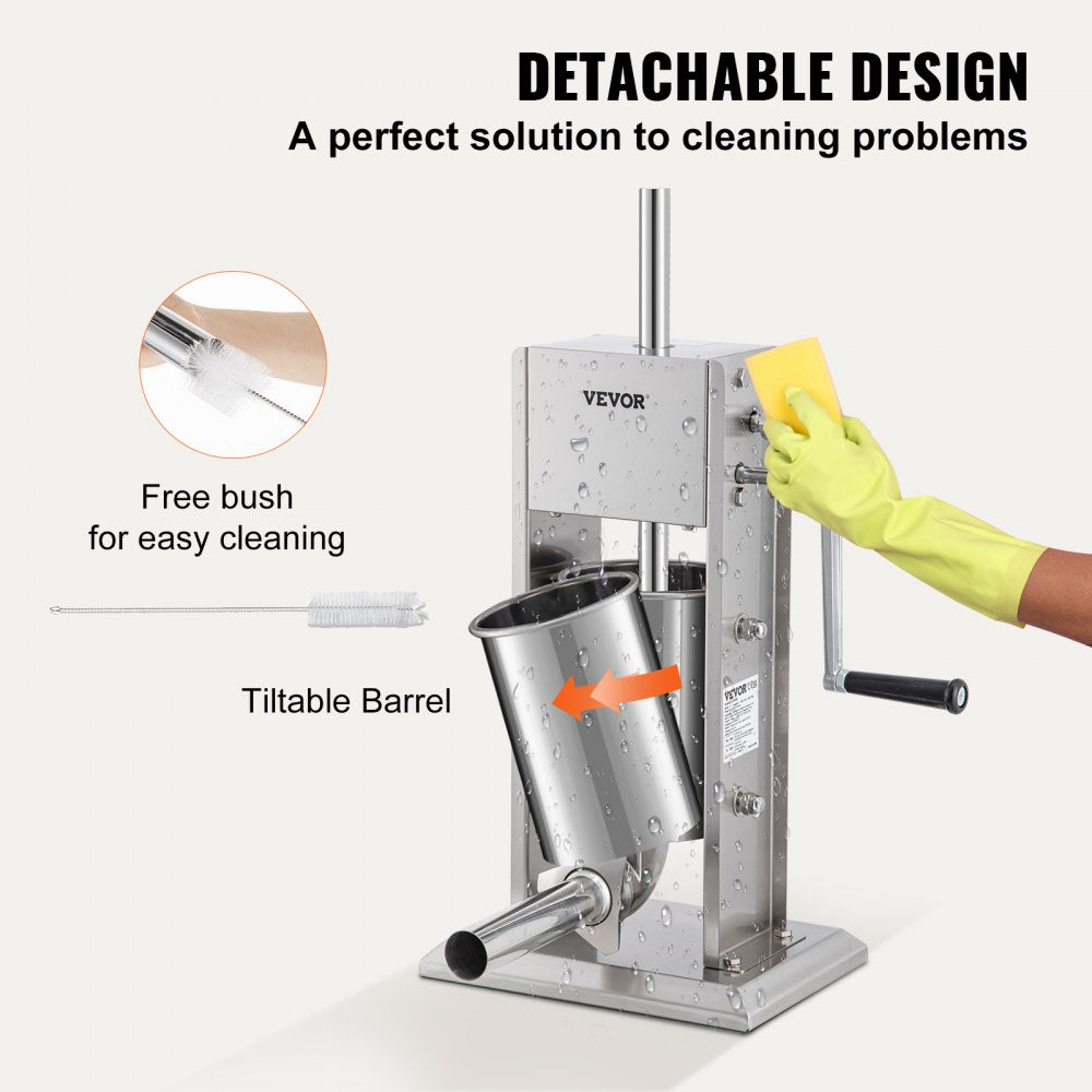 VEVOR Manual Sausage Stuffer, 5LBS/3L Capacity, Two Speed 304 Stainless Steel Vertical Sausage Stuffer, Sausage Filling Machine with 4 Stuffing Tubes, Suction Base for Household or Commercial Use