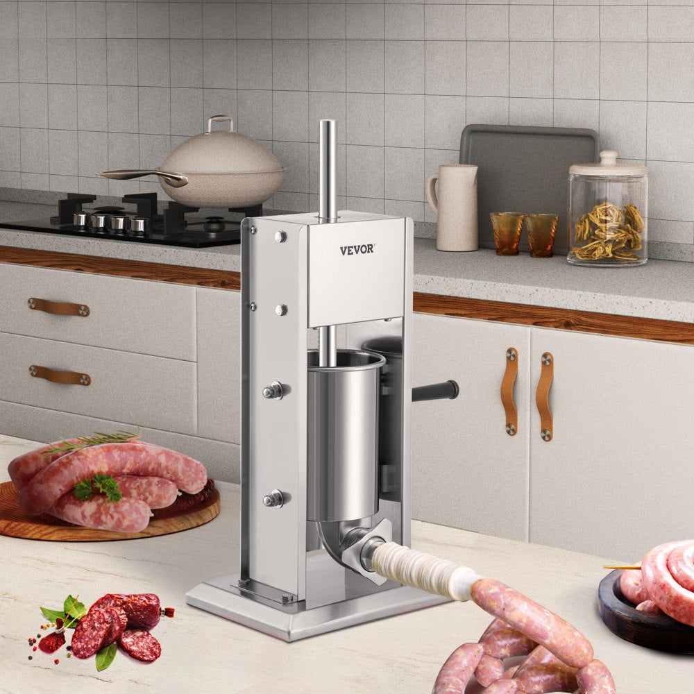 VEVOR Manual Sausage Stuffer, 5LBS/3L Capacity, Two Speed 304 Stainless Steel Vertical Sausage Stuffer, Sausage Filling Machine with 4 Stuffing Tubes, Suction Base for Household or Commercial Use