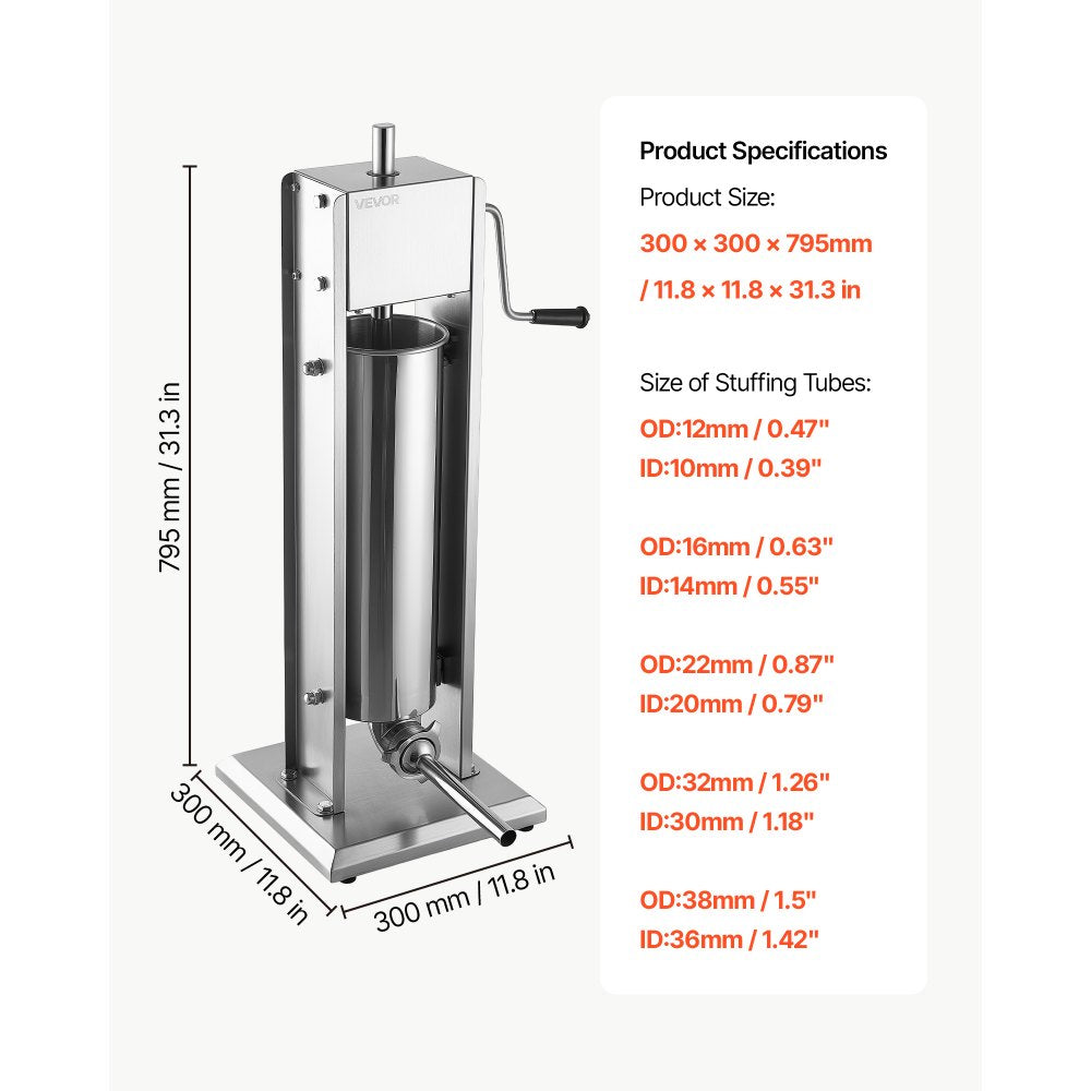 VEVOR Manual Sausage Stuffer 7L/15LBS Vertical Sausage Machine Dual-Speed, Food-Grade 304 Stainless Steel Meat Stuffer, Includes 5 Stuffing Tubes, for Home Kitchen Restaurant Commercial