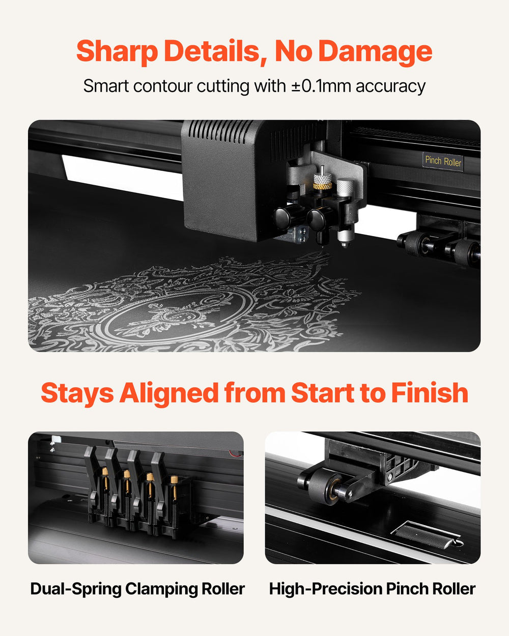 VEVOR contour cutting accuracy and pinch roller stability features