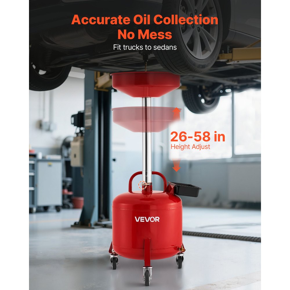 VEVOR 8 Gallon Waste Oil Drain Tank, Industrial Fluid Drain Tank with Adjustable Funnel Height, Portable Oil Drainer with Wheels & Toolbox, Fluid Fuel Transfer Drainage for Auto Repair Shops, Red