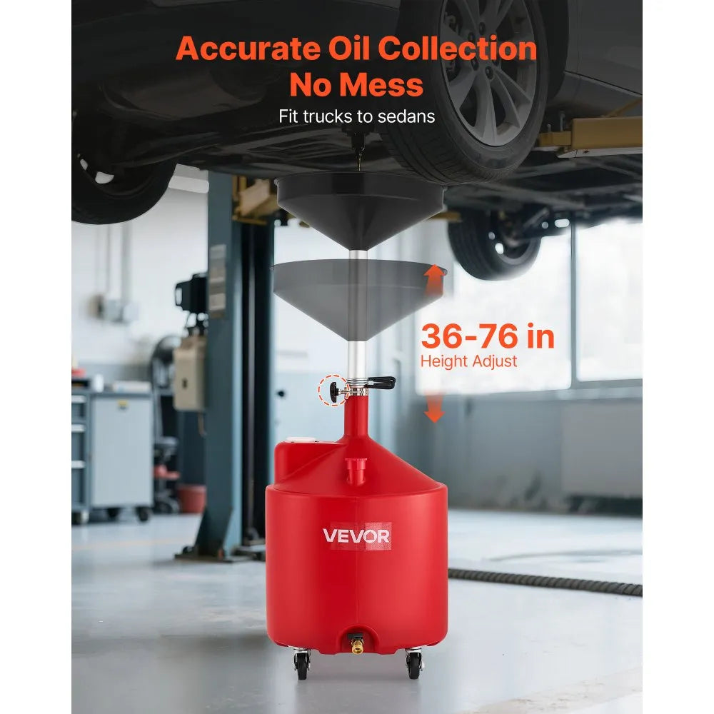 VEVOR 18 Gallon Waste Oil Drain Tank, Industrial Fluid Drain Tank with Adjustable Funnel Height, Portable Oil Drainer with Wheels, Fluid Fuel Transfer Drainage for Auto Repair Shops, Garages, Red