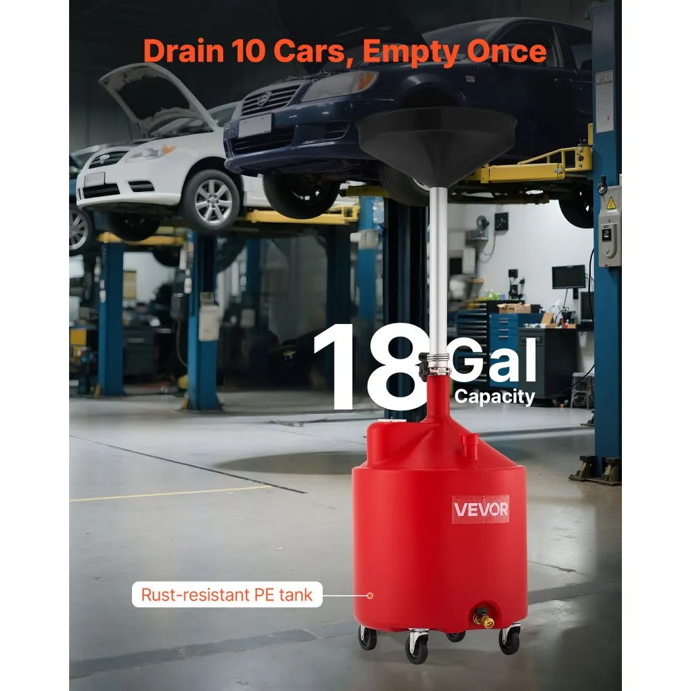 VEVOR 18 Gallon Waste Oil Drain Tank, Industrial Fluid Drain Tank with Adjustable Funnel Height, Portable Oil Drainer with Wheels, Fluid Fuel Transfer Drainage for Auto Repair Shops, Garages, Red
