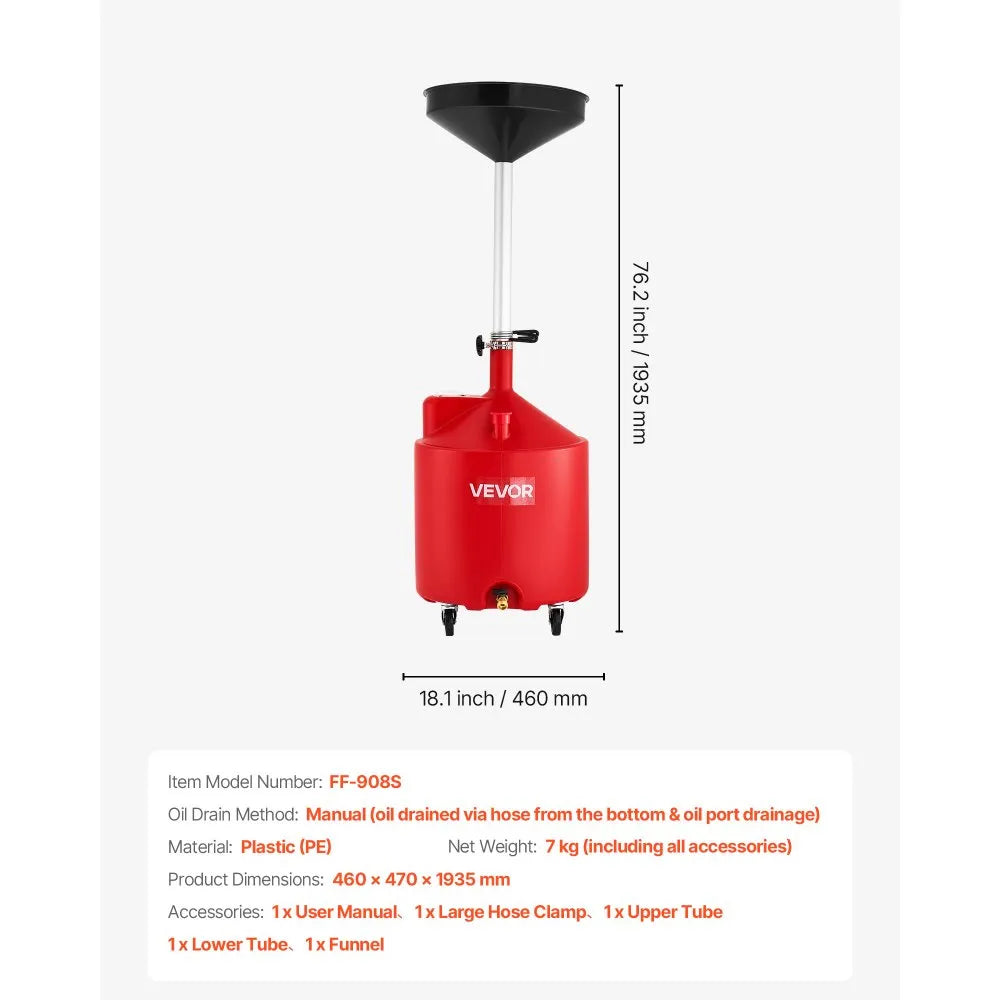 VEVOR 18 Gallon Waste Oil Drain Tank, Industrial Fluid Drain Tank with Adjustable Funnel Height, Portable Oil Drainer with Wheels, Fluid Fuel Transfer Drainage for Auto Repair Shops, Garages, Red