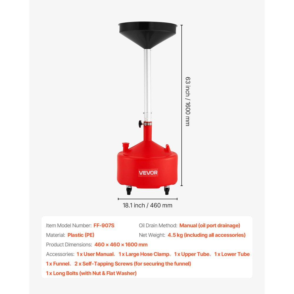 VEVOR 8 Gallon Waste Oil Drain Tank, Industrial Fluid Drain Tank with Adjustable Funnel Height, Portable Oil Drainer with Wheels, Fluid Fuel Transfer Drainage for Auto Repair Shops, Garages, Red
