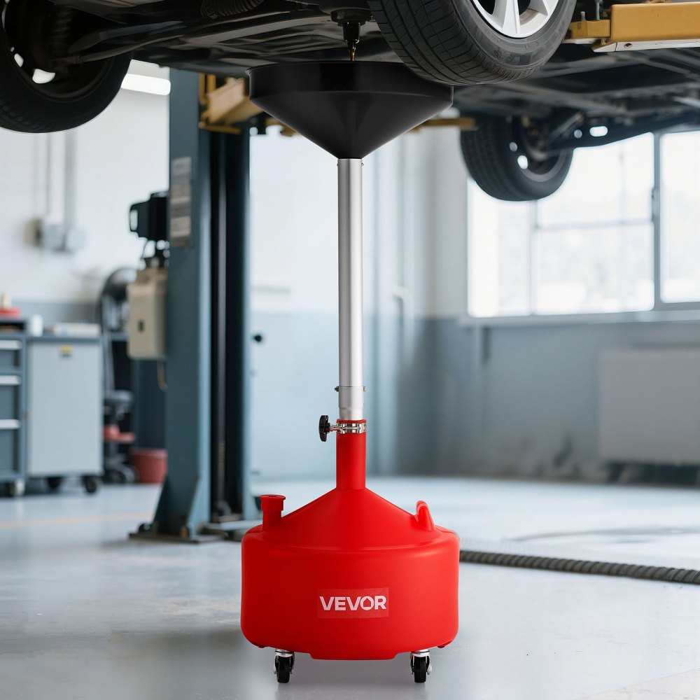 VEVOR 8 Gallon Waste Oil Drain Tank, Industrial Fluid Drain Tank with Adjustable Funnel Height, Portable Oil Drainer with Wheels, Fluid Fuel Transfer Drainage for Auto Repair Shops, Garages, Red