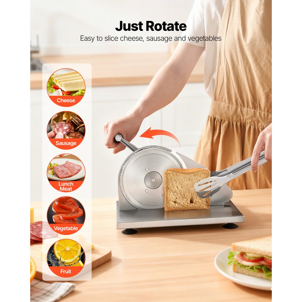 VEVOR Manual Bread Slicer, 0-0.6" Adjustable Thickness Cheese Cutter, Hand Cranked Slicer for Homemade Bread - with Serrated Stainless Steel Blade for Kitchen, Restaurant, Bakery, Party
