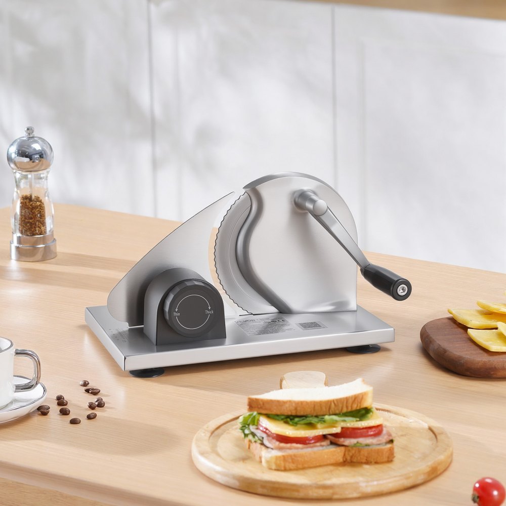 VEVOR Manual Bread Slicer, 0-0.6" Adjustable Thickness Cheese Cutter, Hand Cranked Slicer for Homemade Bread - with Serrated Stainless Steel Blade for Kitchen, Restaurant, Bakery, Party