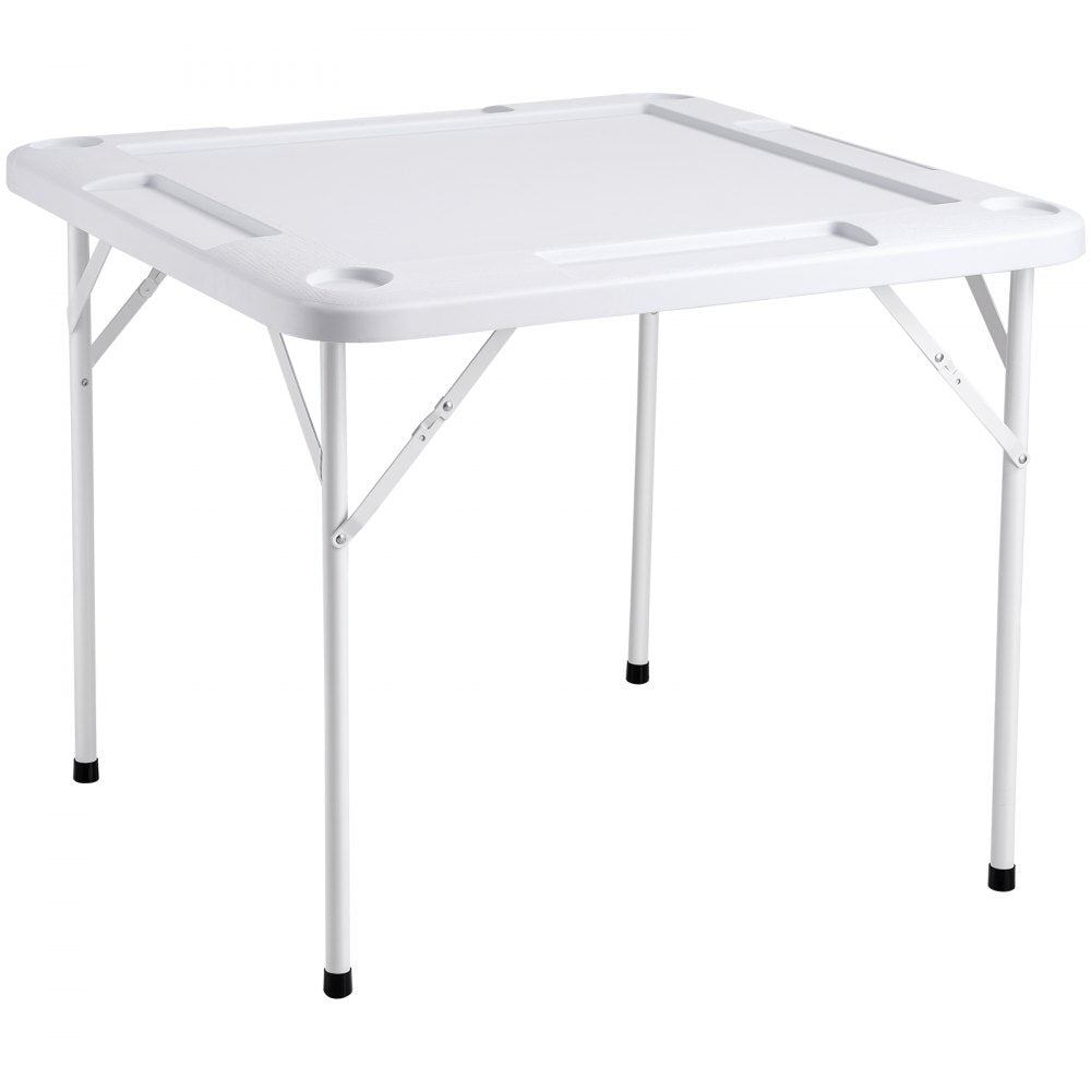 VEVOR Mahjong Table, Square 4 Player Folding Card Table with 4 Cup Holders & 4 Chip Trays, Portable Domino Game Table with 1 Set of Dominoes for Mahjong Poker Puzzles, 35.4 x 35.4-inch, White