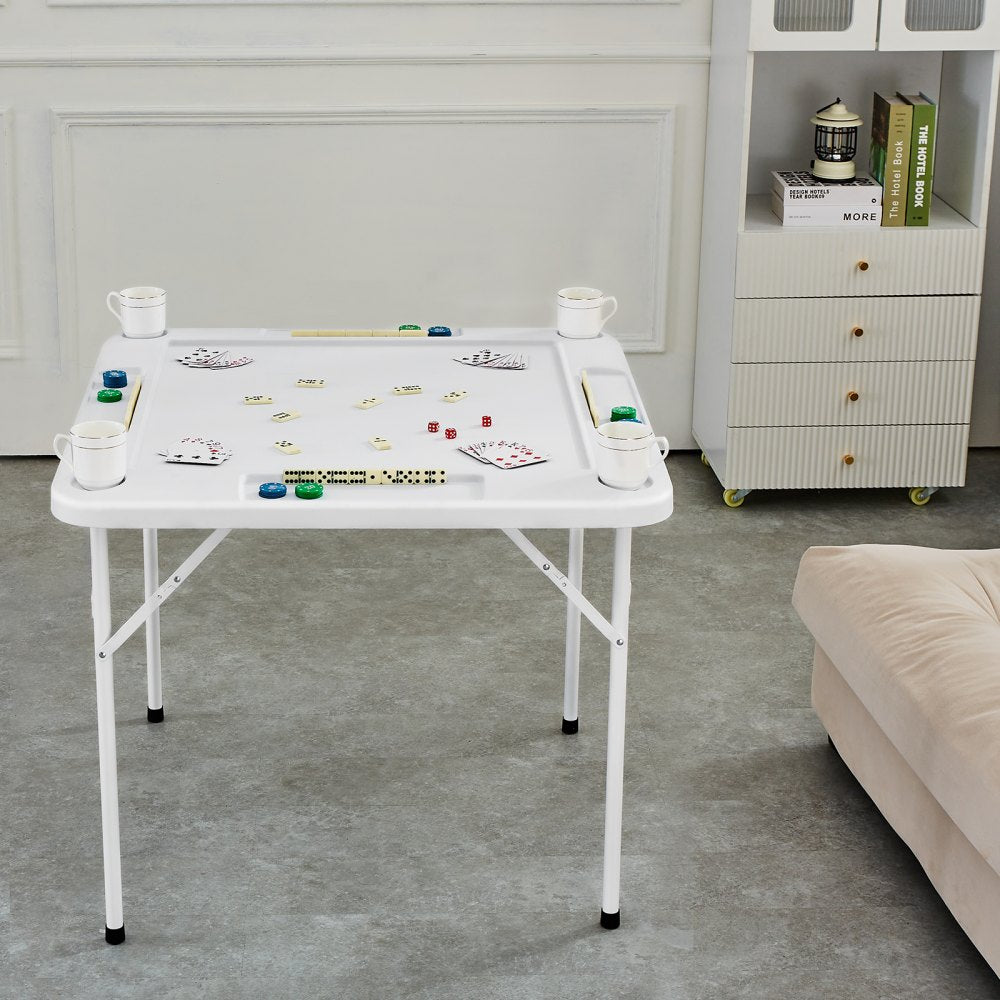 VEVOR Mahjong Table, 4 Player Folding Domino Table with Wear-Resistant Green Tabletop, Portable Square Card Table with 4 Cup Holders & 4 Chip Trays for Mahjong Poker Puzzles, 35.4 x 35.4-inch