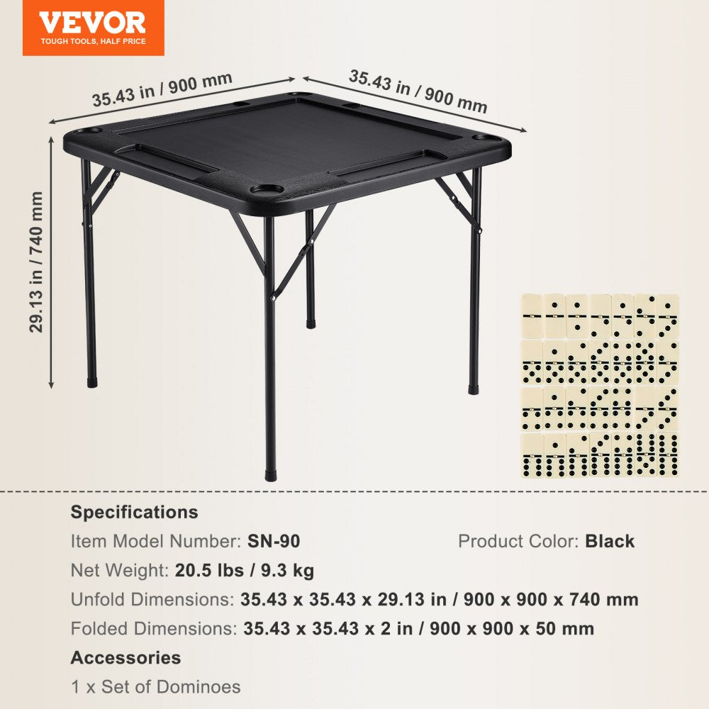 VEVOR Mahjong Table, Square 4 Player Folding Card Table with 4 Cup Holders & 4 Chip Trays, Portable Domino Game Table with 1 Set of Dominoes for Mahjong Poke Puzzles, 35.4 x 35.4-inch, Black