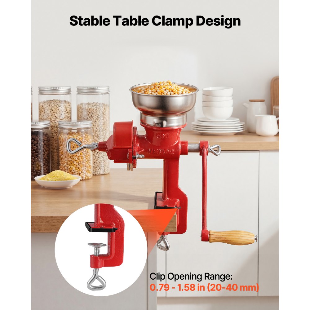 VEVOR Manual Grain Mill with Low Hopper, Hand-Crank Corn Grinder, Heavy Duty Cast Iron Wheat Grinding Mill with Stable Table Clamp & Dust Cover for Grains Spices Coffee Beans Nuts