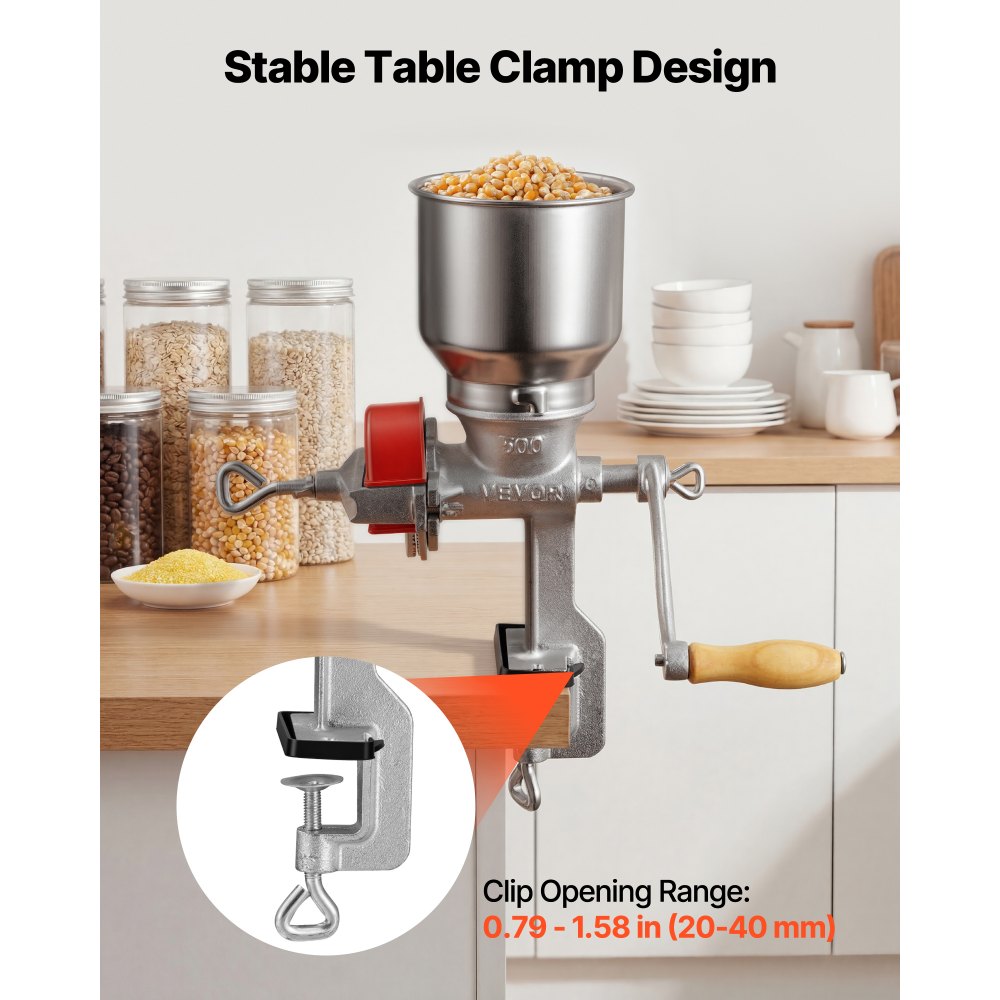 VEVOR Manual Grain Mill with High Hopper, Hand-Crank Corn Grinder, Heavy Duty Cast Iron Wheat Grinding Mill with Stable Table Clamp & Dust Cover for Grains Spices Coffee Beans Nuts