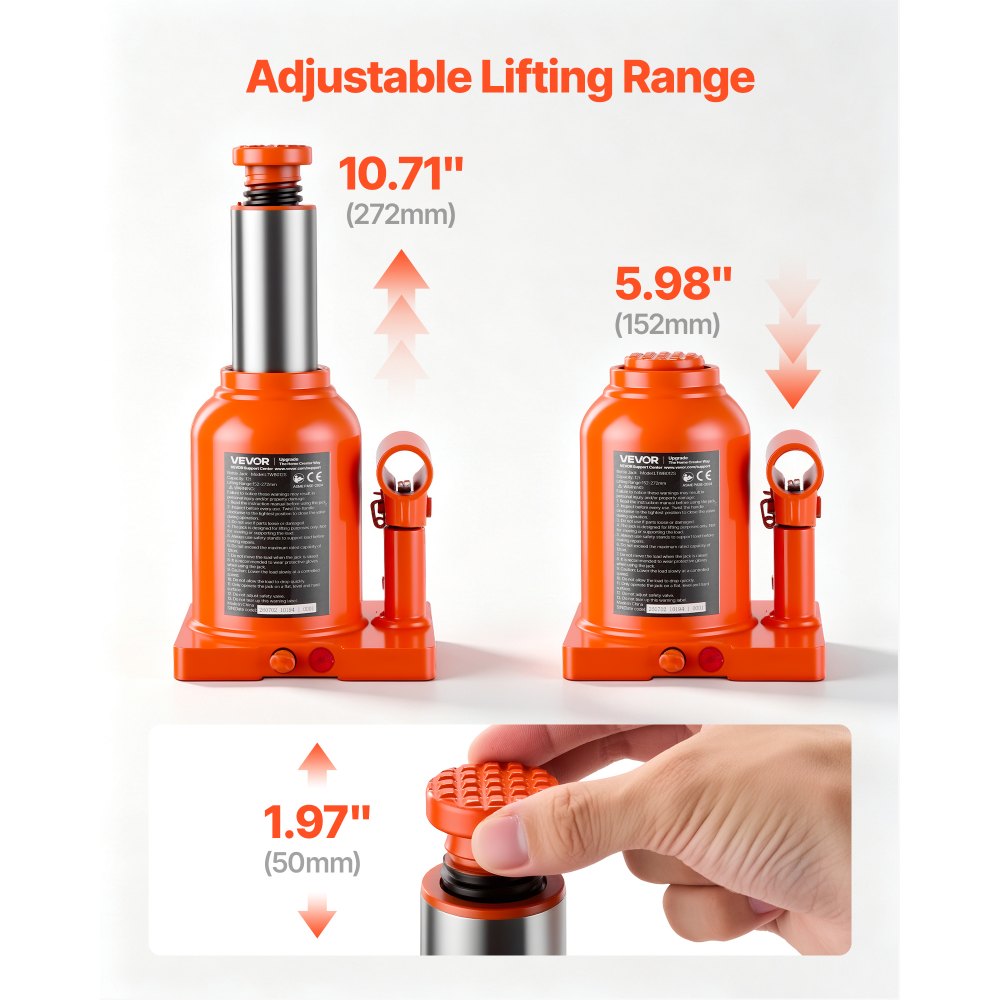 VEVOR Hydraulic Bottle Jack 12 Ton (26455.5 lbs) 5.98"-10.71" Lifting Range, for Heavy-Duty Pickup, Medium-Duty Truck, RV, Auto Repair and House Lift, Welded Jack with 3-Section Long Handle, Orange