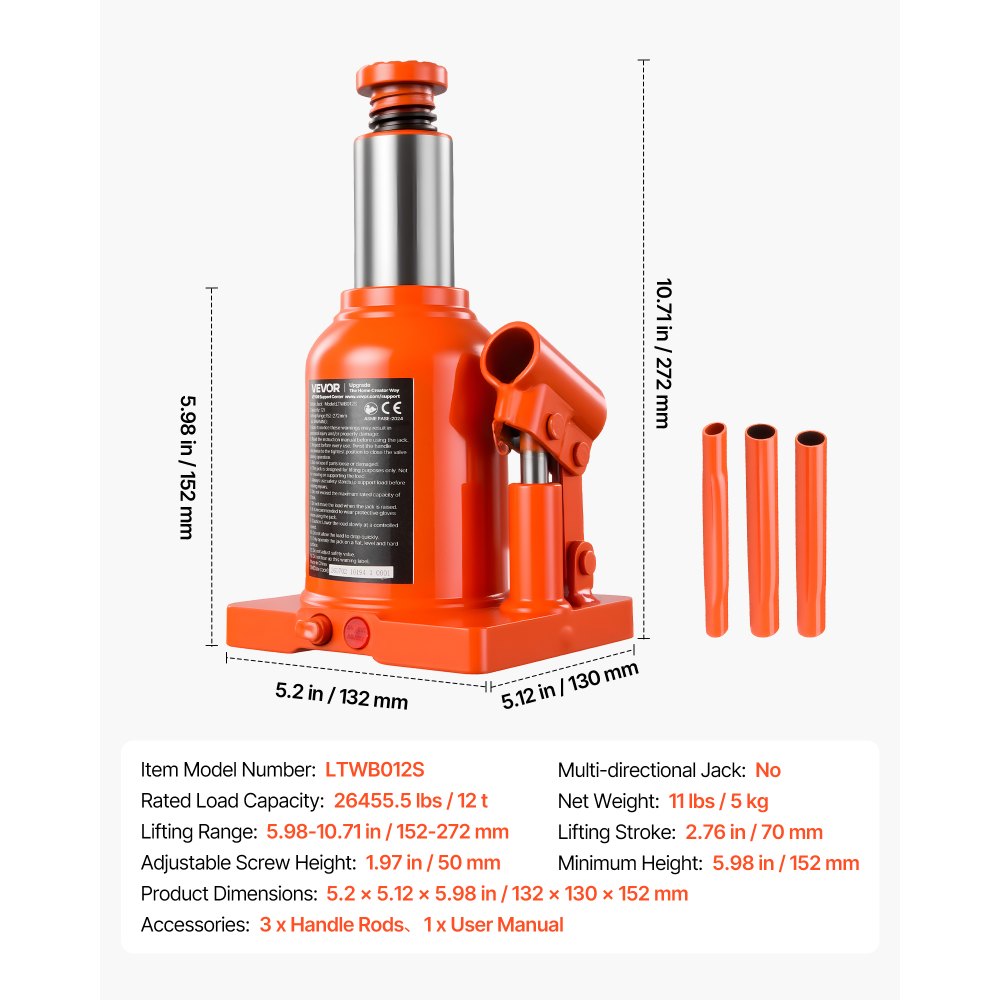 VEVOR Hydraulic Bottle Jack 12 Ton (26455.5 lbs) 5.98"-10.71" Lifting Range, for Heavy-Duty Pickup, Medium-Duty Truck, RV, Auto Repair and House Lift, Welded Jack with 3-Section Long Handle, Orange