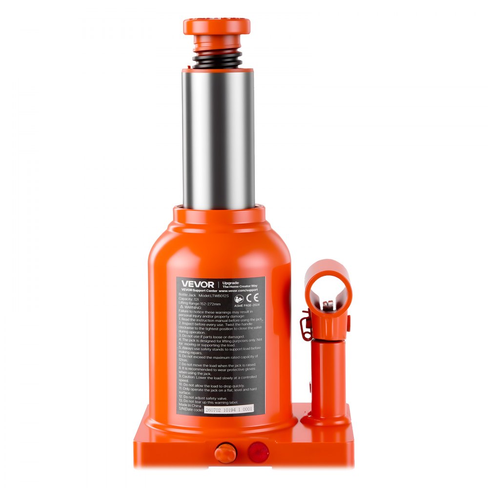 VEVOR Hydraulic Bottle Jack 12 Ton (26455.5 lbs) 5.98"-10.71" Lifting Range, for Heavy-Duty Pickup, Medium-Duty Truck, RV, Auto Repair and House Lift, Welded Jack with 3-Section Long Handle, Orange