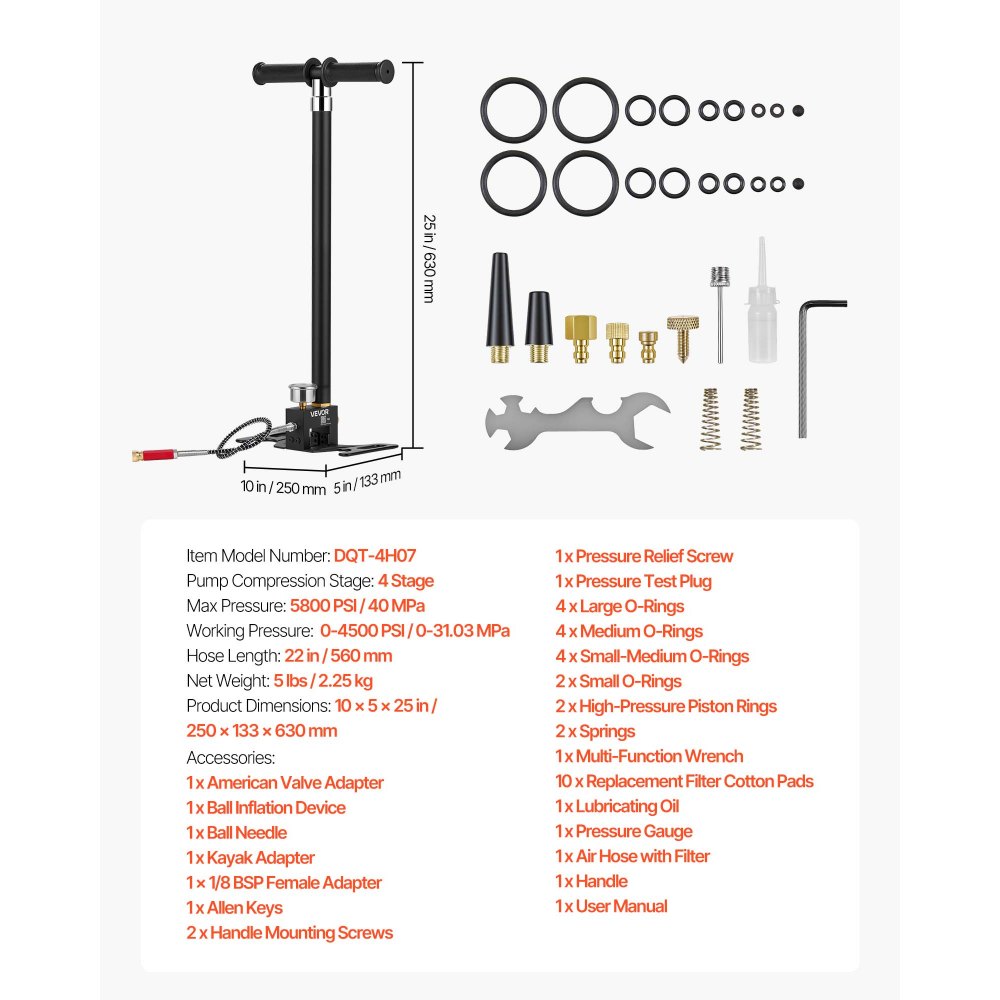 VEVOR PCP Hand Pump, 4 Stage, High Pressure Air Rifle Filling Stirrup Pump, Max 40 MPa 5800 PSI, with Oil-Moisture Filter, Pressure Gauge, Stainless Steel Body, for Airguns Paintball Tire Filling