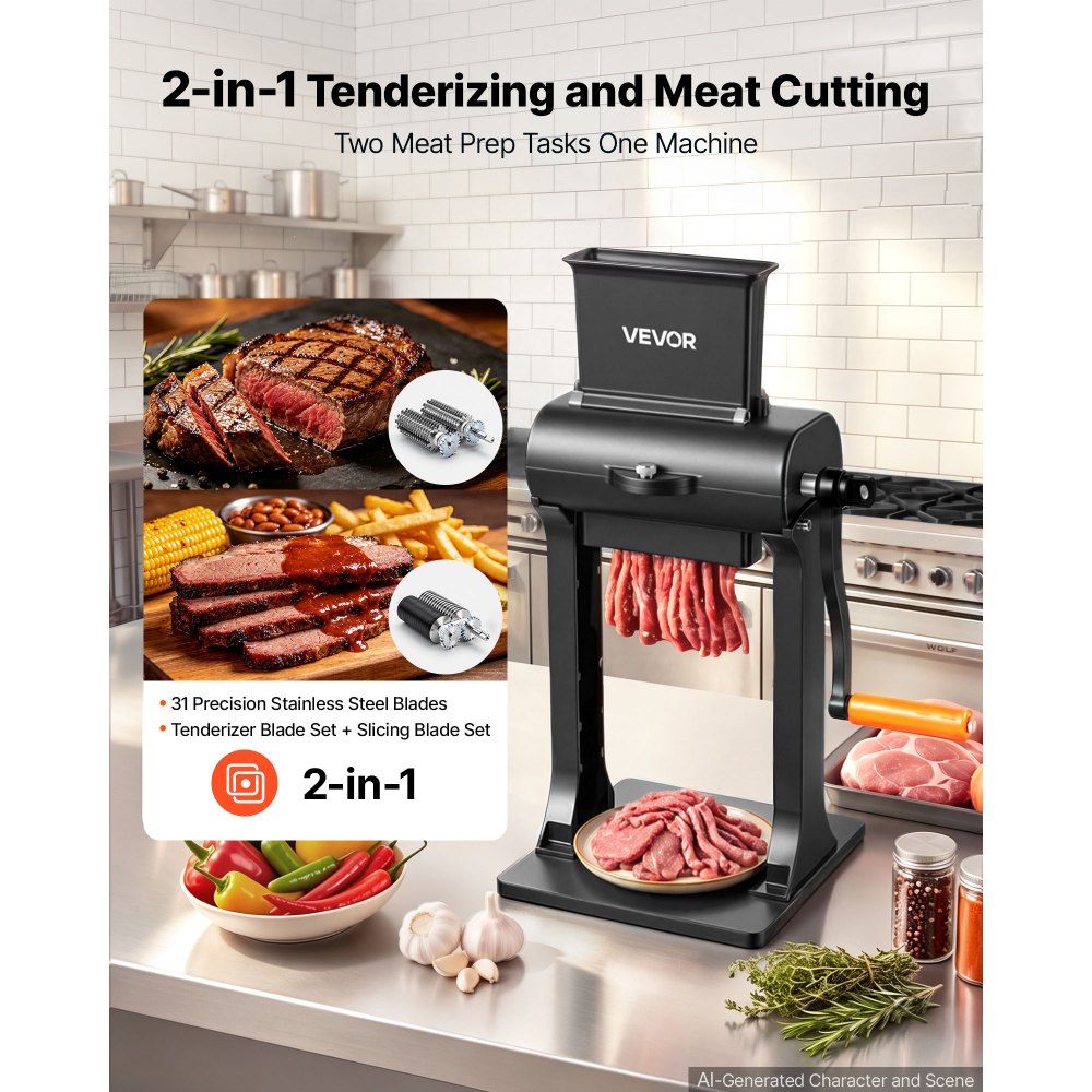 VEVOR 2-in-1 Manual Meat Tenderizer & Beef Jerky Slicer Steak Turkey Pork, Commercial Meat Tenderizer Machine, with Clamp, 5.8 in Feed Port, 2 Sets of Stainless Steel Blades, Aluminum Construction