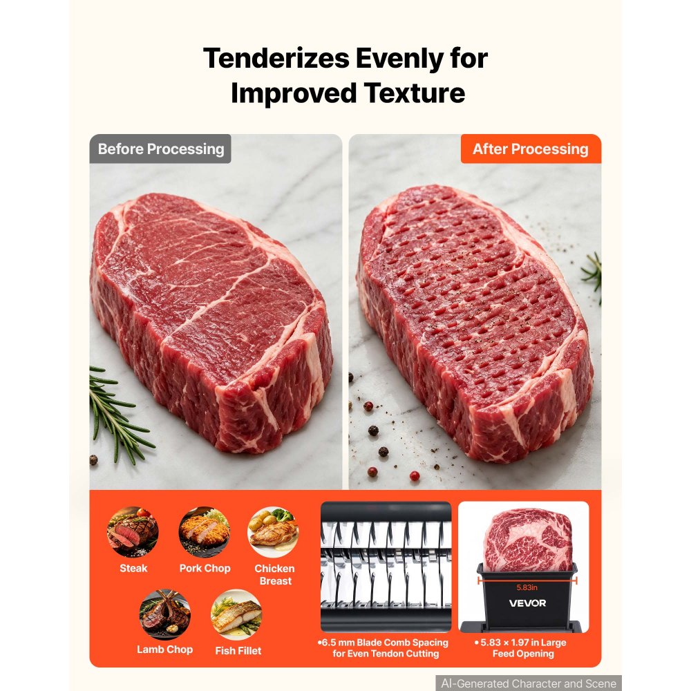 VEVOR 2-in-1 Manual Meat Tenderizer & Beef Jerky Slicer Steak Turkey Pork, Commercial Meat Tenderizer Machine, with Clamp, 5.8 in Feed Port, 2 Sets of Stainless Steel Blades, Aluminum Construction