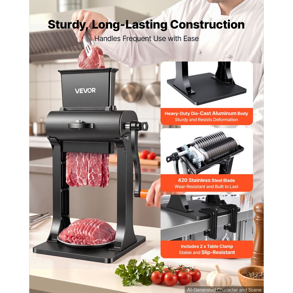 VEVOR 2-in-1 Manual Meat Tenderizer & Beef Jerky Slicer Steak Turkey Pork, Commercial Meat Tenderizer Machine, with Clamp, 5.8 in Feed Port, 2 Sets of Stainless Steel Blades, Aluminum Construction