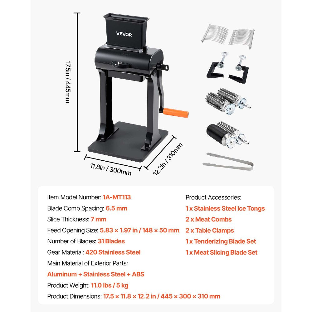 VEVOR 2-in-1 Manual Meat Tenderizer & Beef Jerky Slicer Steak Turkey Pork, Commercial Meat Tenderizer Machine, with Clamp, 5.8 in Feed Port, 2 Sets of Stainless Steel Blades, Aluminum Construction