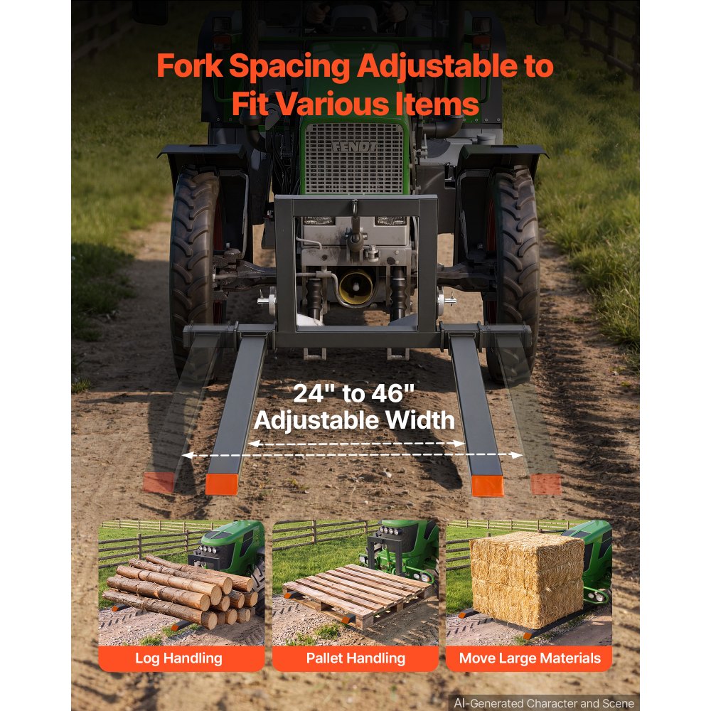VEVOR 3 Point Hitch Pallet Forks 4000 lbs 50 in Tractor Fork Attachment, Great for Category 1 Tractors, 29-46 in Adjustable Width, Heavy-Duty Reinforced Steel Body, Quick-Attach System, Orange Tips