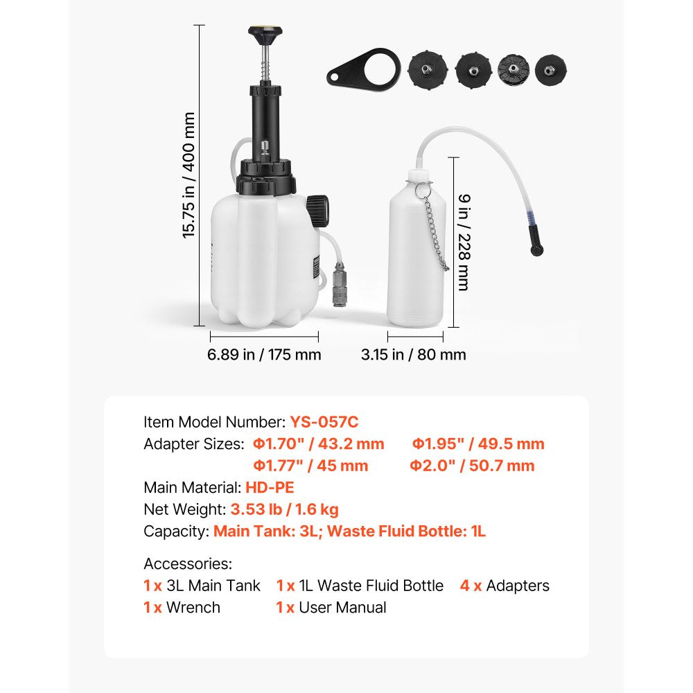 VEVOR Brake Bleeder Kit, 3L Manual Brake Fluid Bleeding Kit with 1L Waste Bottle & 4 Master Cylinder Adapters, One-Person Professional Brake Fluid Pressure Bleeder for Most Vehicles