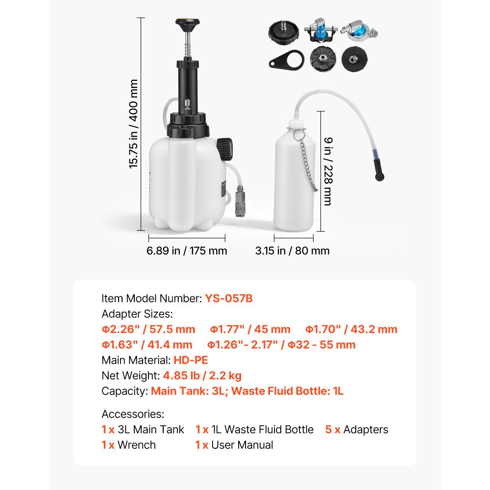 VEVOR Brake Bleeder Kit, 3L Manual Brake Fluid Bleeding Kit with 1L Waste Bottle & 5 Master Cylinder Adapters, One-Person Professional Brake Fluid Pressure Bleeder for Most Vehicles