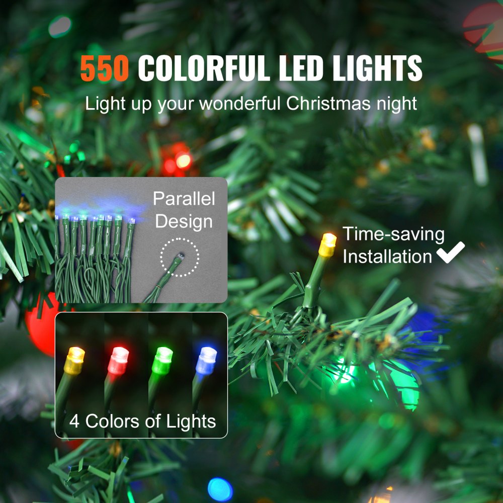 VEVOR Christmas Tree, 7.5ft Prelit Artificial Xmas Tree, Full Holiday Decor Tree with 550 Multi-Color LED Lights, 1346 Branch Tips, Metal Base for Home Party Office Decoration Tested to UL Standards