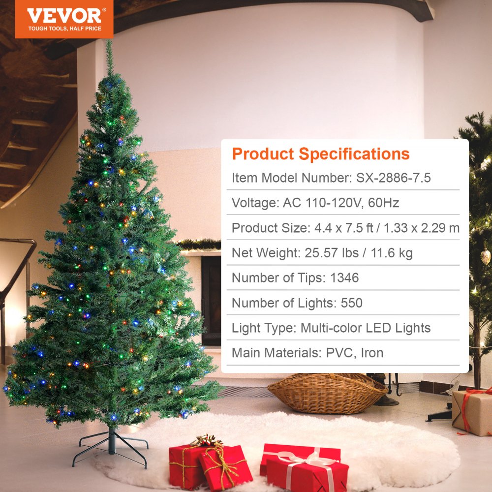 VEVOR Christmas Tree, 7.5ft Prelit Artificial Xmas Tree, Full Holiday Decor Tree with 550 Multi-Color LED Lights, 1346 Branch Tips, Metal Base for Home Party Office Decoration Tested to UL Standards