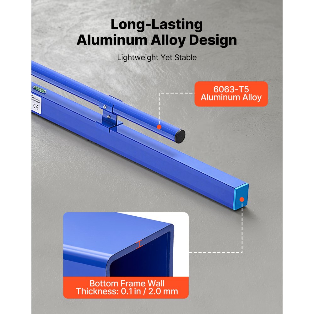 VEVOR Concrete Screed 48 in Length Manual Screed Board Aluminum Alloy Blue, Built-in Bubble Level, Powder-coated Finish, Lightweight Paver Leveling Tool for Patio, Sidewalk, Garage Floor Finishing