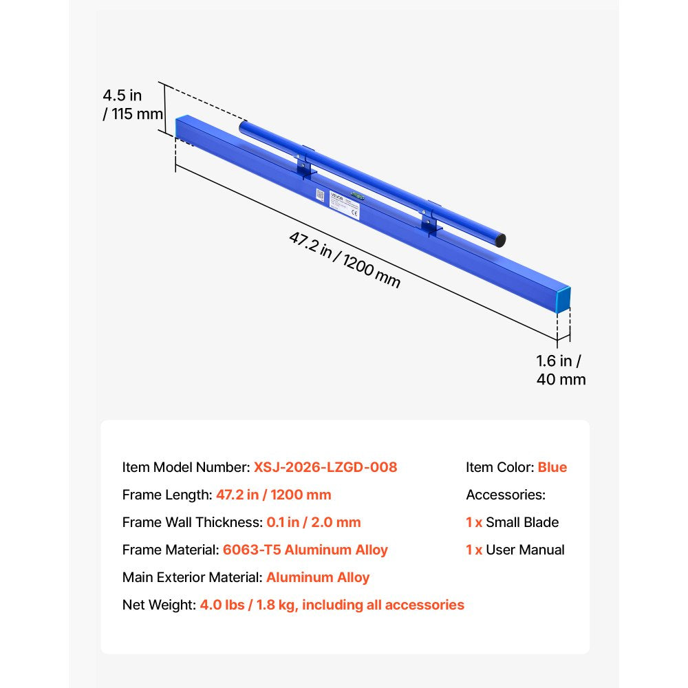 VEVOR Concrete Screed 48 in Length Manual Screed Board Aluminum Alloy Blue, Built-in Bubble Level, Powder-coated Finish, Lightweight Paver Leveling Tool for Patio, Sidewalk, Garage Floor Finishing