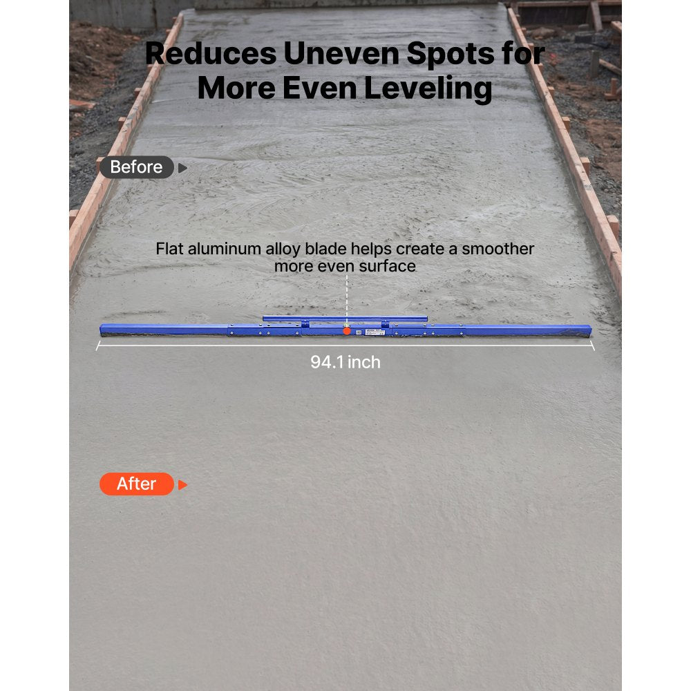 VEVOR Concrete Screed 96 in Length Manual Screed Board Aluminum Alloy Blue, Built-in Bubble Level, Powder-coated Finish, Lightweight Paver Leveling Tool for Patio, Sidewalk, Garage Floor Finishing