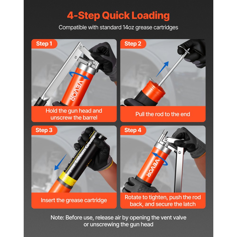 VEVOR Grease Gun, 10000 PSI High Pressure, Heavy Duty Pistol Grip Grease Gun Kit with 14 oz Capacity, Includes 18-Inch Flex Hose, 1 Extension Rigid Pipe and 1 Sharp Type Nozzle for Automotive, Marine