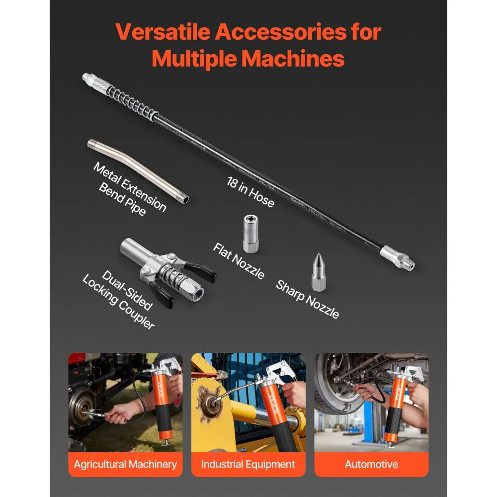 VEVOR Grease Gun, 8000 PSI, Pistol Grip Grease Gun Kit with 14 oz Capacity, Includes 18-Inch Flex Hose, Double Handle Grease Coupler, Extension Rigid Pipe & Sharp Type Nozzle for Automotive, Marine