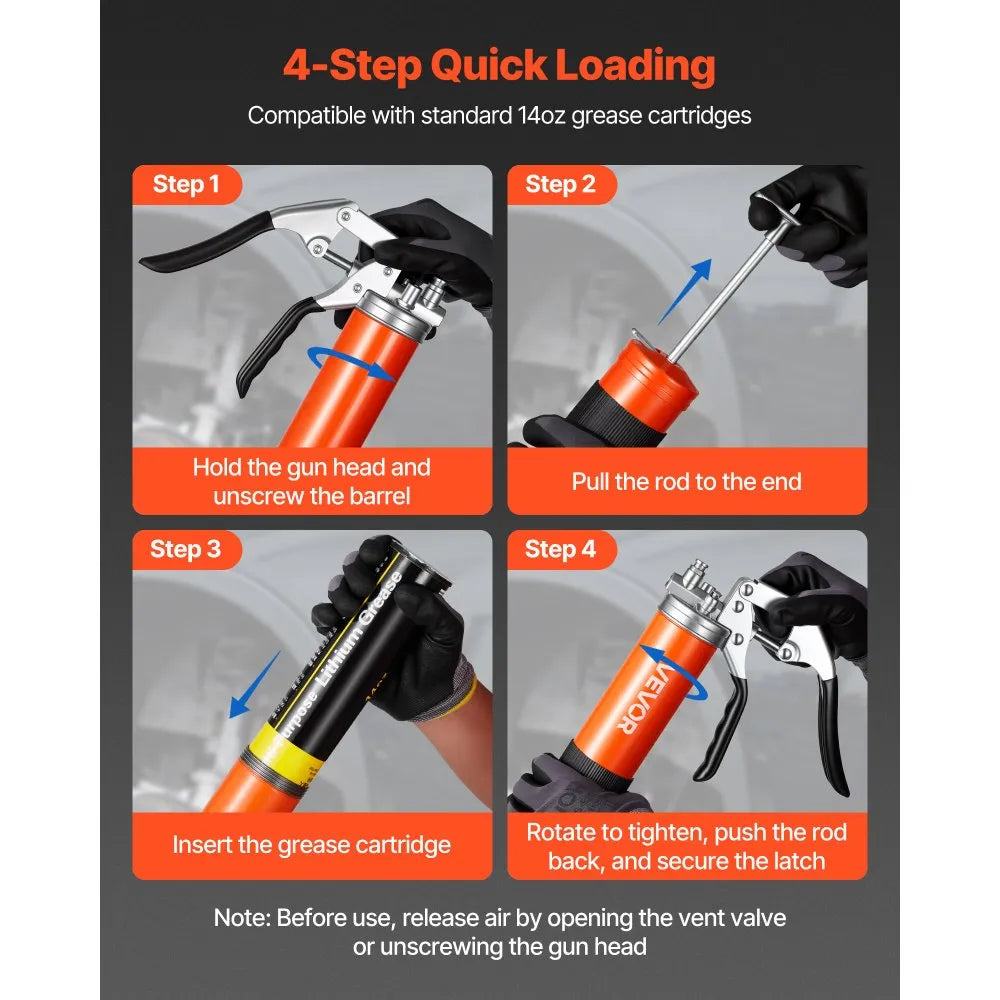VEVOR Grease Gun, 8000 PSI, Pistol Grip Grease Gun Kit with 14 oz Capacity, Includes 18-Inch Flex Hose, Double Handle Grease Coupler, Extension Rigid Pipe & Sharp Type Nozzle for Automotive, Marine
