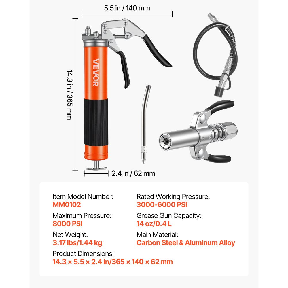 VEVOR Grease Gun, 8000 PSI, Pistol Grip Grease Gun Kit with 14 oz Capacity, Includes 18-Inch Flex Hose, Double Handle Grease Coupler, Extension Rigid Pipe & Sharp Type Nozzle for Automotive, Marine