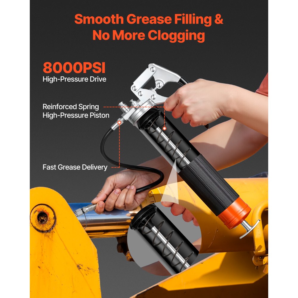 VEVOR Grease Gun, 8000 PSI High Pressure, Heavy Duty Pistol Grip Grease Gun Kit with 14 oz Capacity, Includes 18-Inch Flex Hose, 1 Extension Rigid Pipe and 1 Sharp Type Nozzle for Automotive, Marine