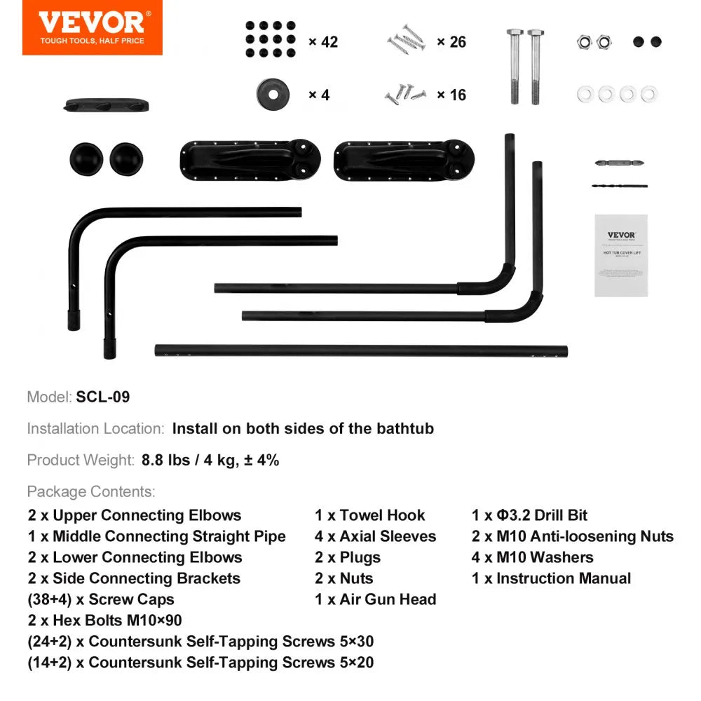 VEVOR Hot Tub Cover Lift, Spa Cover Lift, Height 31.5" - 41.3" Width 69" - 100.5" Adjustable, Installed on Both Sides at the Top, Suitable for Various Sizes of Rectangular Bathtubs, Hot Tubs, Spa
