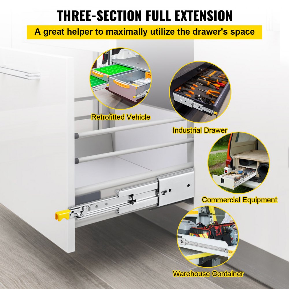 VEVOR Drawer Slides with Lock, 1 Pair 36 inch, Heavy-Duty Industrial Steel up to 500 lbs Capacity, 3-Fold Full Extension, Ball Bearing Lock-in & Lock-Out, Side Mount