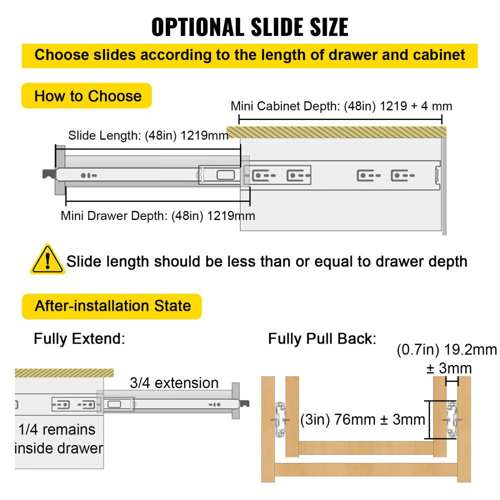 VEVOR Drawer Slides with Lock, 1 Pair 48 inch, Heavy-Duty Industrial Steel up to 500 lbs Capacity, 3-Fold Full Extension, Ball Bearing Lock-in & Lock-Out, Side Mount