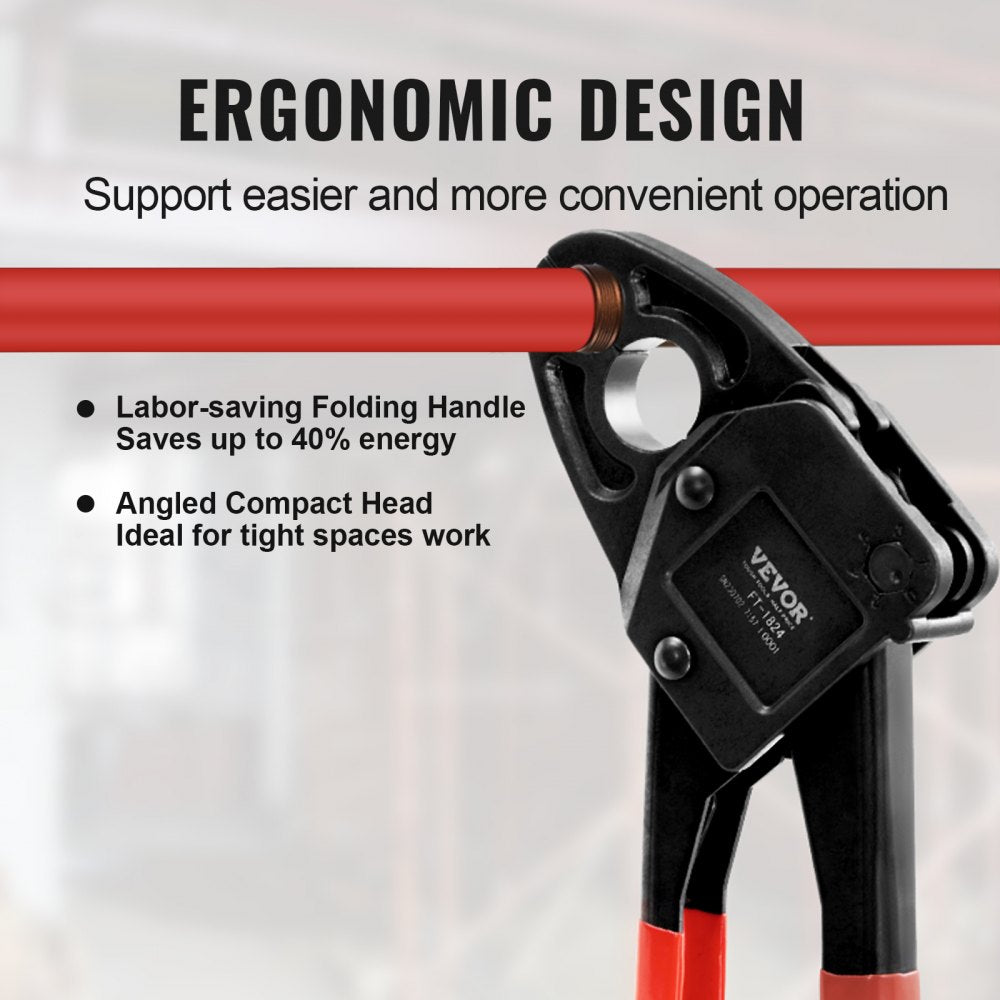 VEVOR PEX Pipe Crimping Tool, Angle Dual Head Combo PEX/PE-RT Crimper for 1/2" and 3/4" Copper Crimp Rings, 30 Copper Crimp Rings, PEX/PE-RT Tubing Cutter, Go/No-Go Gauge, Meets ASTM F1807 Standards