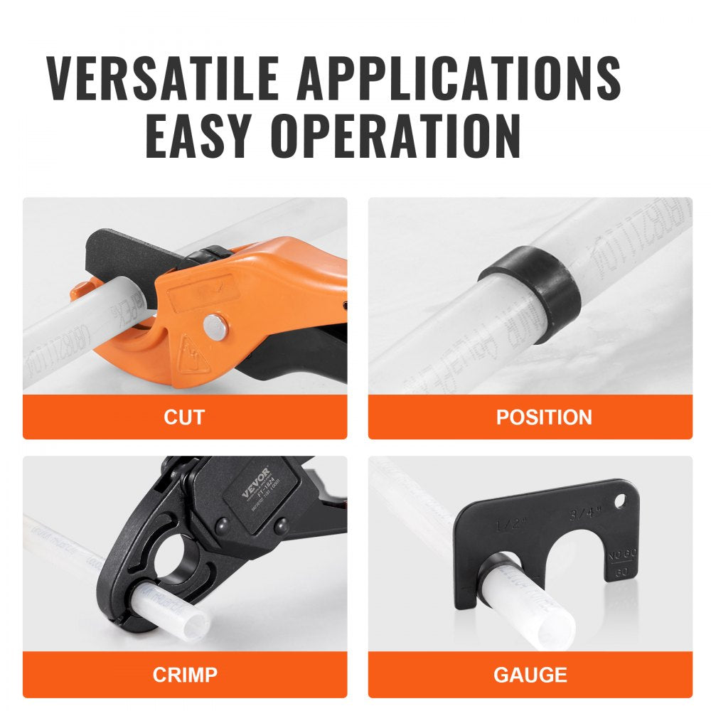 VEVOR PEX Pipe Crimping Tool, Angle Dual Head Combo PEX/PE-RT Crimper for 1/2" and 3/4" Copper Crimp Rings, 30 Copper Crimp Rings, PEX/PE-RT Tubing Cutter, Go/No-Go Gauge, Meets ASTM F1807 Standards