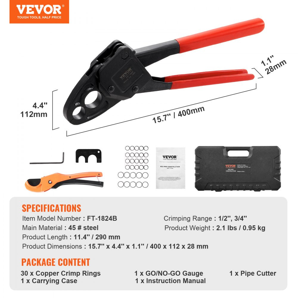 VEVOR PEX Pipe Crimping Tool, Angle Dual Head Combo PEX/PE-RT Crimper for 1/2" and 3/4" Copper Crimp Rings, 30 Copper Crimp Rings, PEX/PE-RT Tubing Cutter, Go/No-Go Gauge, Meets ASTM F1807 Standards